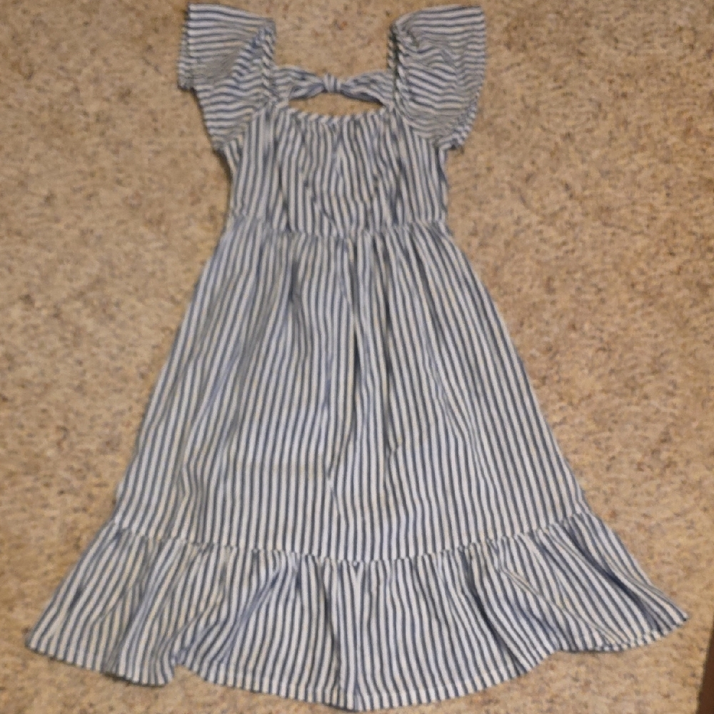 Girls Blue and White Striped Ruffle Hem Dress